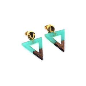 Green Resin & Wood Triangle Dangle Earrings