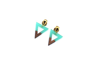 Green Resin & Wood Triangle Dangle Earrings