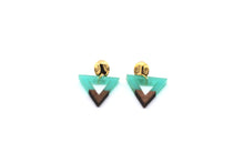 Load image into Gallery viewer, Green Resin &amp; Wood Triangle Dangle Earrings
