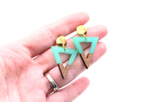 Load image into Gallery viewer, Green Resin &amp; Wood Triangle Dangle Earrings
