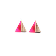Load image into Gallery viewer, Pink Resin &amp; Wood Triangle Stud Earrings
