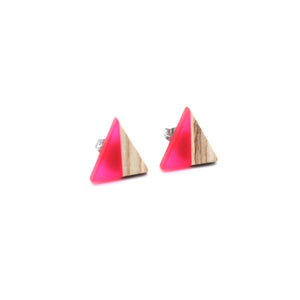 Pink Resin & Wood Triangle Stud Earrings