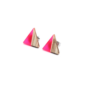 Pink Resin & Wood Triangle Stud Earrings