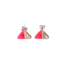 Load image into Gallery viewer, Pink Resin &amp; Wood Triangle Stud Earrings
