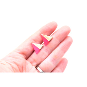 Pink Resin & Wood Triangle Stud Earrings
