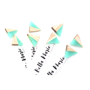 Green Resin & Wood Triangle Stud Earrings