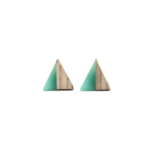 Load image into Gallery viewer, Green Resin &amp; Wood Triangle Stud Earrings
