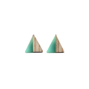 Green Resin & Wood Triangle Stud Earrings