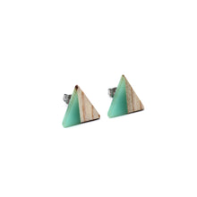 Load image into Gallery viewer, Green Resin &amp; Wood Triangle Stud Earrings
