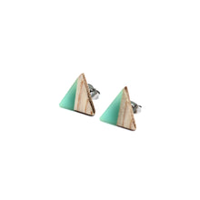 Load image into Gallery viewer, Green Resin &amp; Wood Triangle Stud Earrings
