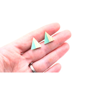 Green Resin & Wood Triangle Stud Earrings