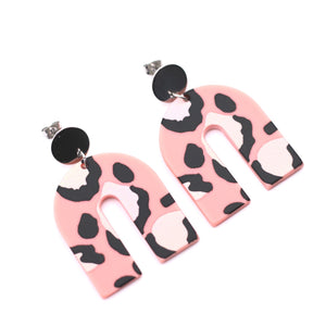 Pink Leopard Acetate U Dangle Earrings