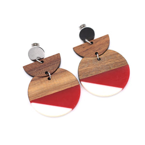 Red & White Resin & Wood Crescent Dangle Earrings