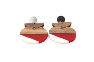 Red & White Resin & Wood Crescent Dangle Earrings