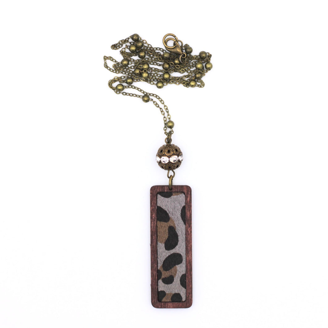 Leopard Print Faux Leather Rectangle Necklace