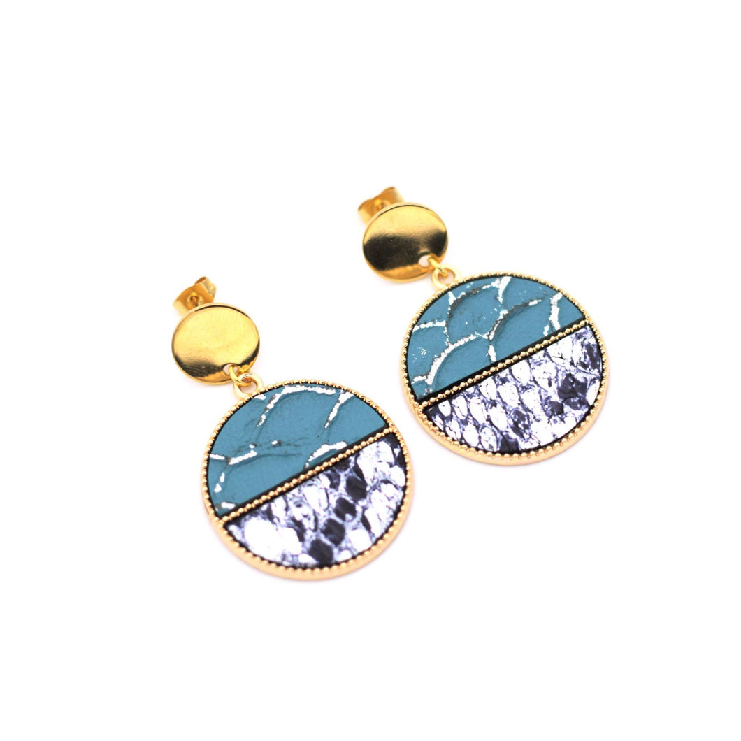 Teal & Silver Circle Faux Leather Earrings