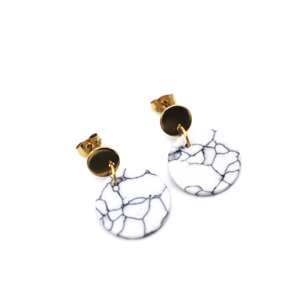 White Faux Marble Circle Gold Dangle Earrings