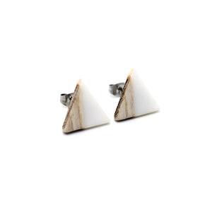 White Resin & Wood Triangle Stud Earrings