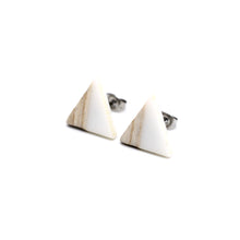 Load image into Gallery viewer, White Resin &amp; Wood Triangle Stud Earrings
