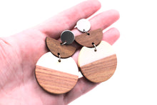 Load image into Gallery viewer, White Resin &amp; Wood Crescent Silver Dangle Earrings
