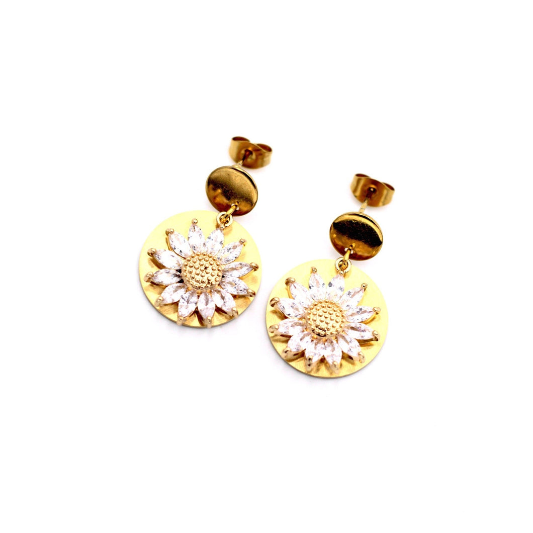 Gold Rhinestone Flower Earrings