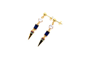 Gold Pink & Blue Rhinestone Spike Dangle Earrings