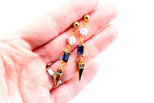 Load image into Gallery viewer, Gold Pink &amp; Blue Rhinestone Spike Dangle Earrings
