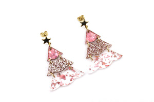 Pink Glitter Christmas Tree Earrings