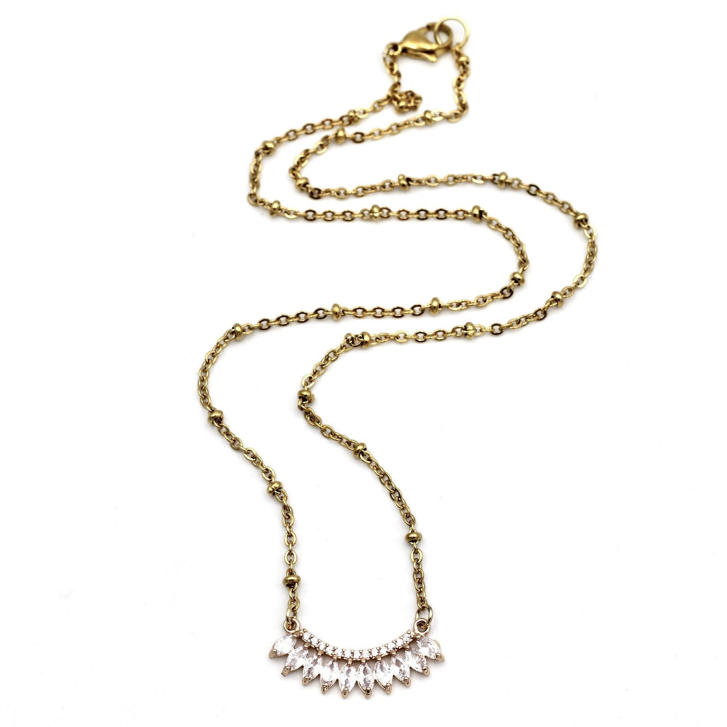 Gold Oval Rhinestone Curved Bar Necklace