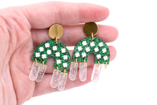 Load image into Gallery viewer, Green Glitter Clover Fringe Arch Earrings
