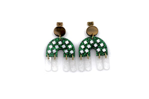 Green Glitter Clover Fringe Arch Earrings