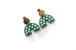 Green Glitter Clover Fringe Arch Earrings